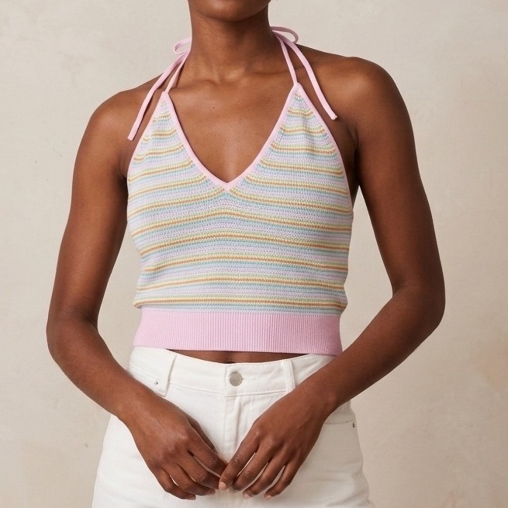 Intimately Free People Crochet Halter‎ Top Striped Pastel Knit Pink Large